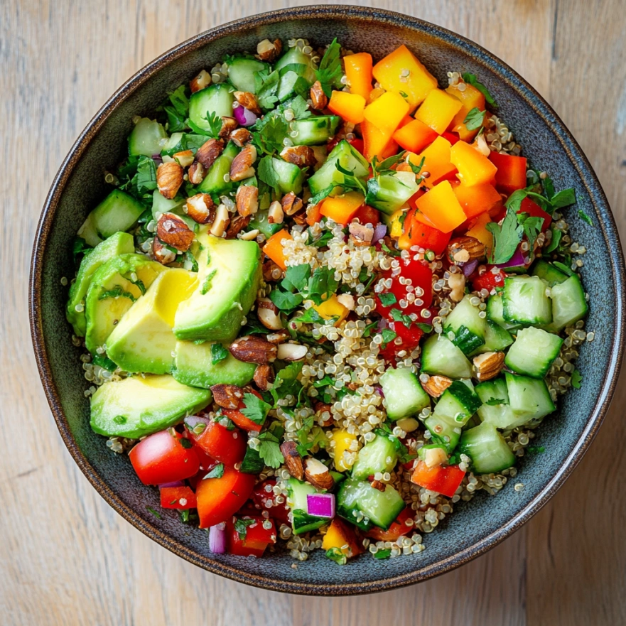 Здорова страва з квінои, авокадо, овочів та горіхів